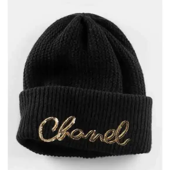 Chanel 22A Cashmere Black Gold Sequin CC Logo Beanie Winter Hat Cap Cloche - Picture 1 of 12